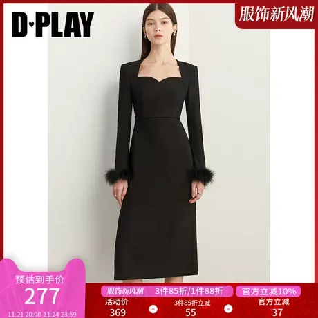 DPLAY秋装法式经典黑美背宫廷领羽毛拼接小黑裙轻礼服晚宴裙商品大图