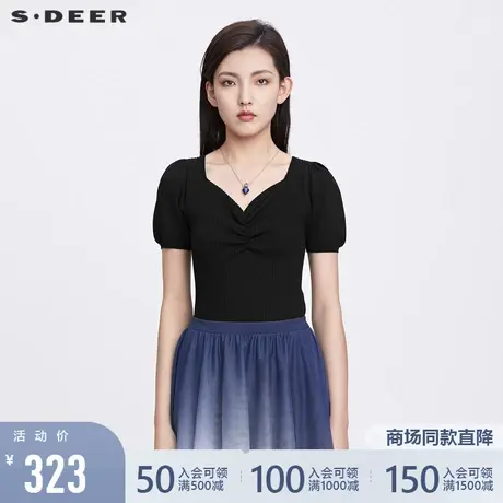 sdeer圣迪奥22夏装新品V领抽褶泡泡袖修身弹力针织衫女S22283511图片