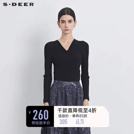 sdeer圣迪奥女装V领交叉拼接修身针织衫S233Z3570图片