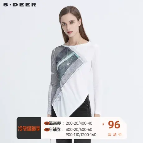sdeer圣迪奥女装圆领字母印花不规则T恤长袖打底小衫女S20480214图片