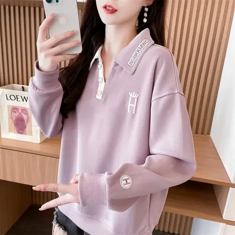 小个子翻领polo衫卫衣女2024新款春秋季韩版宽松大码薄款上衣外套图片