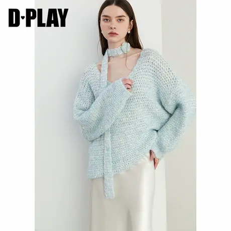 DPLAY秋季通勤风v领蓝色镂空针织毛衣宽松系带针织衫上衣女图片
