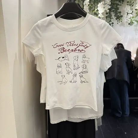 韩版2025年夏季新款十三行修身减龄通勤休闲百搭印花短袖T恤衫女图片