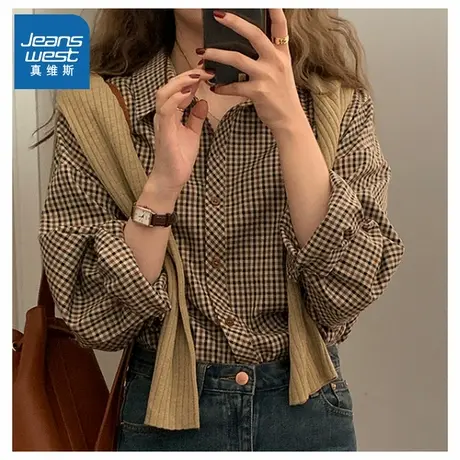 LE真维斯女装2025春季新款 复古格子气质叠穿显瘦长袖衬衫上衣图片