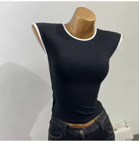 休闲运动风！拼色无袖背心女百搭弹力修身显瘦打底衫上衣2021新款商品大图