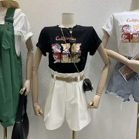 短袖t恤女2021夏季新款纯色印花宽松短款套头韩国东大门百搭上衣商品大图