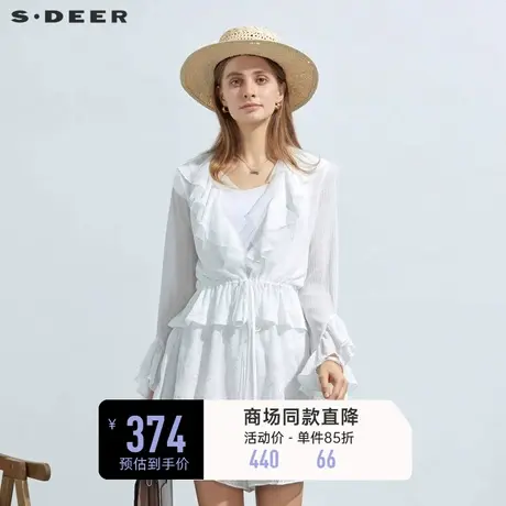 sdeer圣迪奥女装V领荷叶边收腰网纱雪纺上衣S23282203🧥商品大图