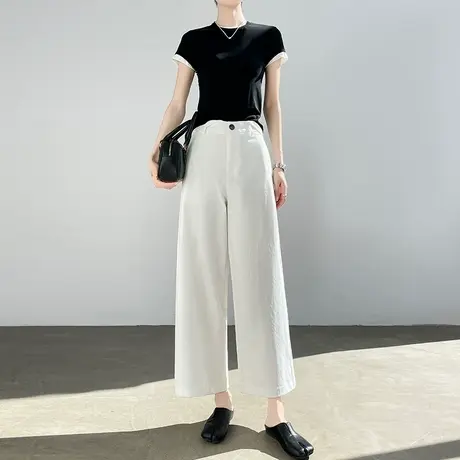 白色休闲直筒西装裤女夏季薄款高腰宽松垂感八分小个子九分阔腿裤商品大图