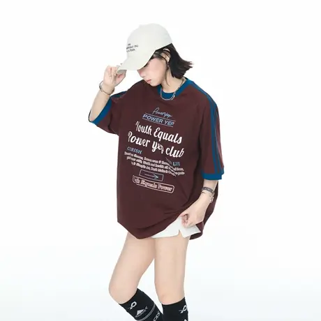 2025夏季新款撞色宽松印花短袖T恤女美式复古街头风情侣半袖上衣图片