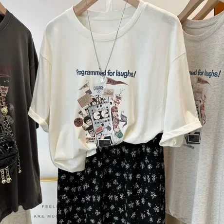 开心巴士~韩国设计人物印花雪花棉短袖t恤女开叉薄款宽松中长上衣商品大图