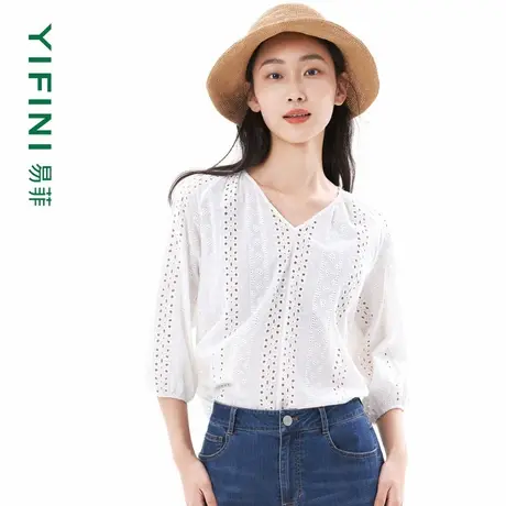 [专柜同款]Yifini/易菲纯棉V领重工绣花宽松套头小衫镂空钩花上衣图片