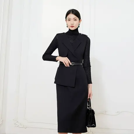 希区瑞普高级感时尚套装女冬季高领套头黑色打底衫上衣无袖西装裙图片