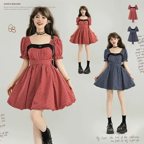 KEIKO 法式千金感方领格子连衣裙25夏季系带收腰蓬蓬A字花苞短裙商品大图