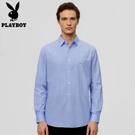【莫代尔面料】花花公子2025新款蓝色条纹长袖衬衫男款爸爸装上衣图片