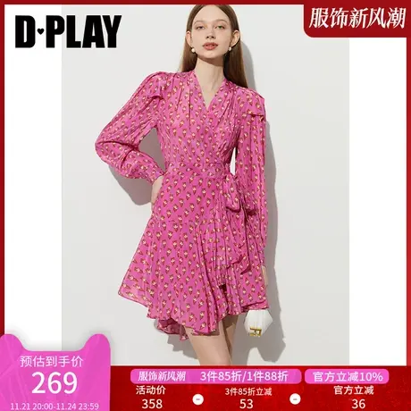 DPLAY2023新度假风玫粉碎花收腰系带蝴蝶结茶歇裙野餐印花连衣裙商品大图