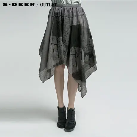 【多件多折】sdeer圣迪奥春女水墨树枝飘逸全棉半身裙短裙3181302商品大图