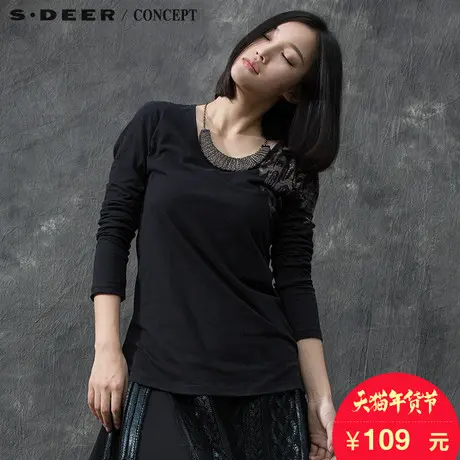 s.deer圣迪奥女装秋冬装修身黑色纯棉印花长袖T恤打底衫S15480213图片