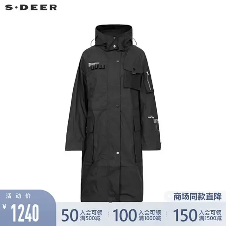 sdeer圣迪奥2022春季新款高领连帽抽绳字母长款风衣女S22181811图片