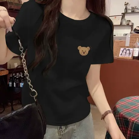 短袖t恤女2025年夏季新款小熊印花上衣纯棉正肩小衫白色修身体恤商品大图