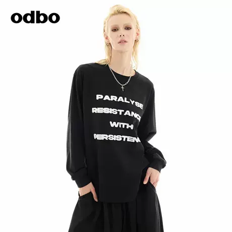 odbo/欧迪比欧美式复古字母印花长袖卫衣2024秋新款针织休闲上衣商品大图