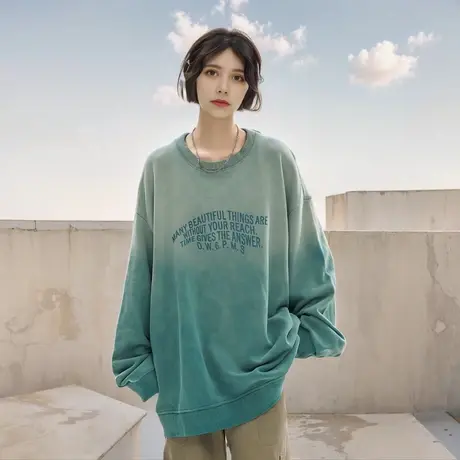 复古做旧渐变色圆领卫衣女春秋2025新款美式潮牌宽松长袖无帽上衣商品大图