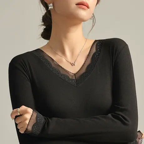 五公主V领蕾丝打底衫女秋冬新款妈妈气质小衫百搭内搭显瘦上衣薄商品大图