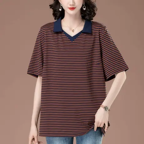 条纹短袖T恤女夏季宽松加肥加大码女装中老年妈妈纯棉翻领体恤衫图片