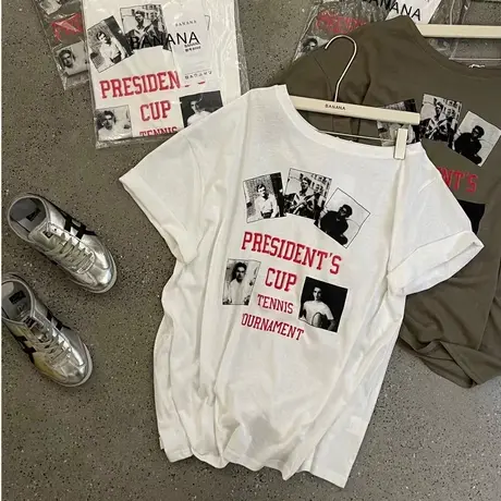 韩国东大门夏季新款时尚宽松美式复古人物印花斜肩短袖T恤上衣女商品大图