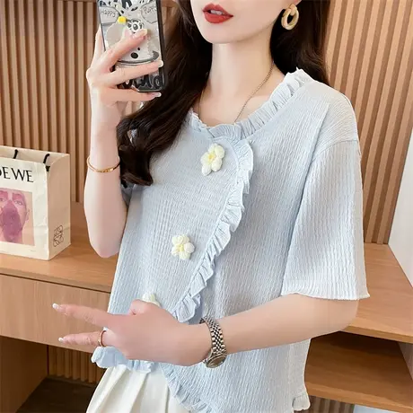 木耳边短袖t恤女2025新款夏季韩版宽松大码女装设计感小众上衣服商品大图