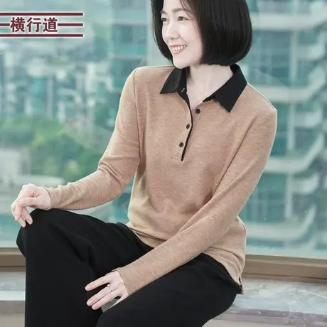 撞色拼接POLO领宽松上衣衬衫领工作服内搭打底衫春装小衫体恤女装商品大图