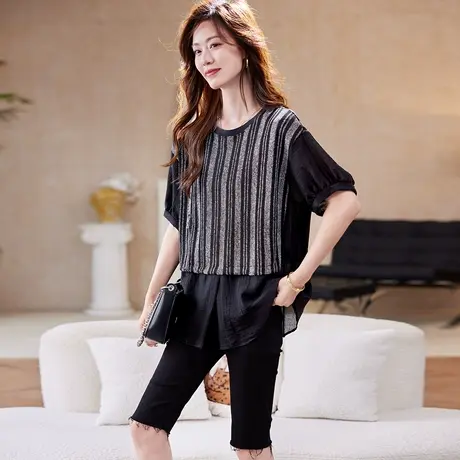 宝诗黎【新品价158元】圆领针织条纹拼接衬衫ANP1038商品大图