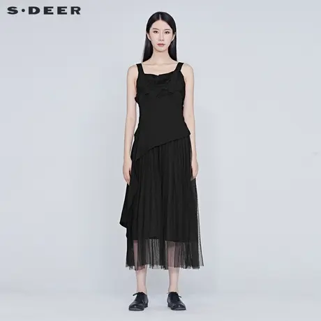 sdeer圣迪奥女装夏装网纱拼接性感条纹吊带连衣裙女裙子S20281282图片