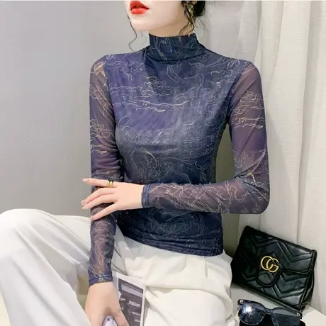 2024秋冬新款T恤女网纱印花时尚气质减龄内塔上衣修身长袖打底衫商品大图