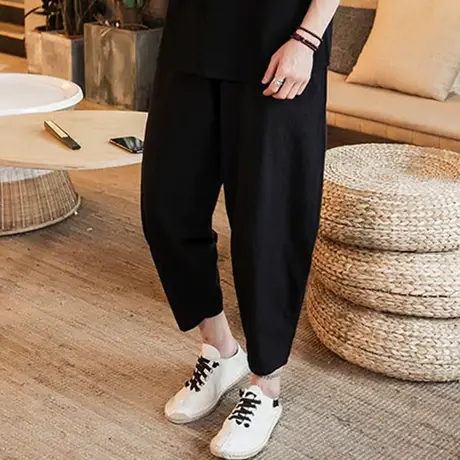 九分裤男夏休闲裤松紧腰哈伦裤宽松大码萝卜复古灯笼裤子透气中裤商品大图