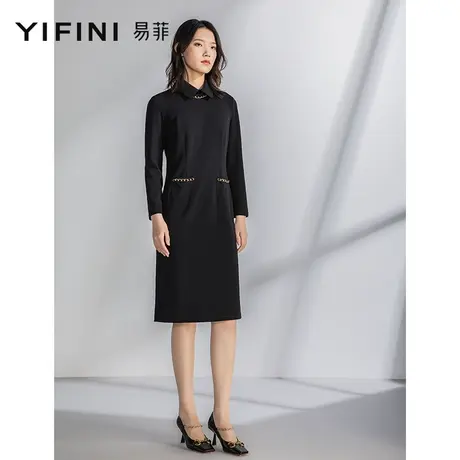 Yifini/易菲春秋新品小香风直筒连身裙女优雅气质黑色合体连衣裙图片