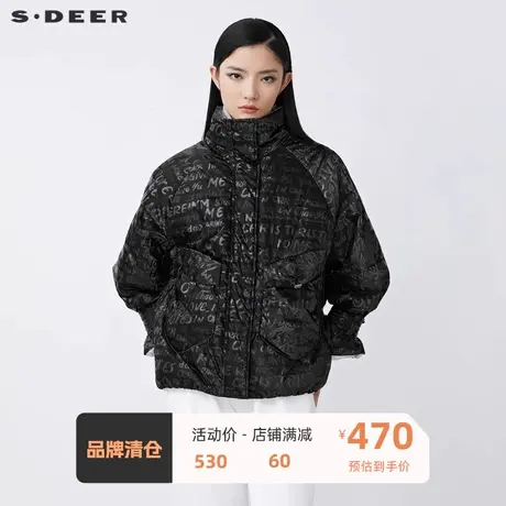 sdeer圣迪奥女装个性高领字母印花抽绳黑色羽绒服S21462453🛢商品大图