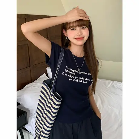 尔给简约休闲短袖T恤女修身显瘦百搭字母印花上衣图片