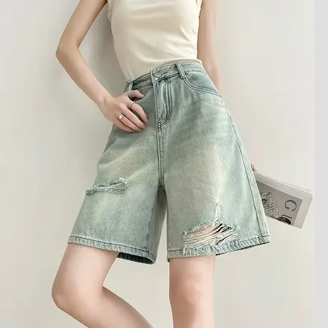 复古怀旧蓝破洞五分牛仔短裤女夏季薄款宽松显瘦乞丐直筒阔腿中裤商品大图