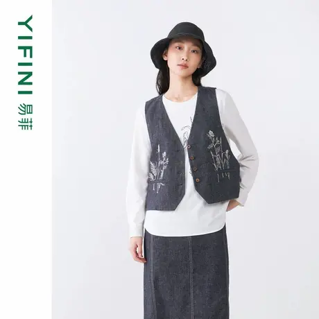 [商场同款]Yifini/易菲文艺百搭宽松V领短款马夹女针织毛衫外套商品大图