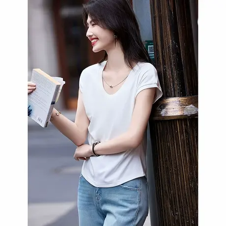 时尚短袖圆领T恤女士2025年夏日新品百搭简约纯色上衣爆款收腰款图片