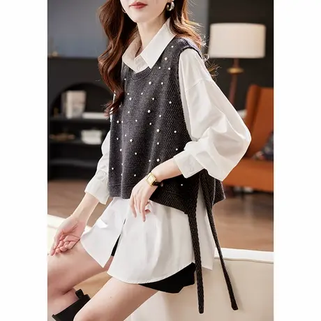 宝诗黎两件套钉珠马甲衬衫女2025春季韩版宽松休闲长袖棉质衬衣图片