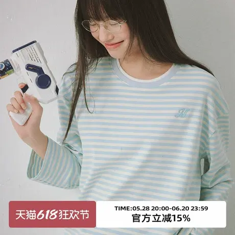 omont蛋挞家复古圆领条纹长袖T恤2025春季宽松休闲慵懒上衣打底衫商品大图