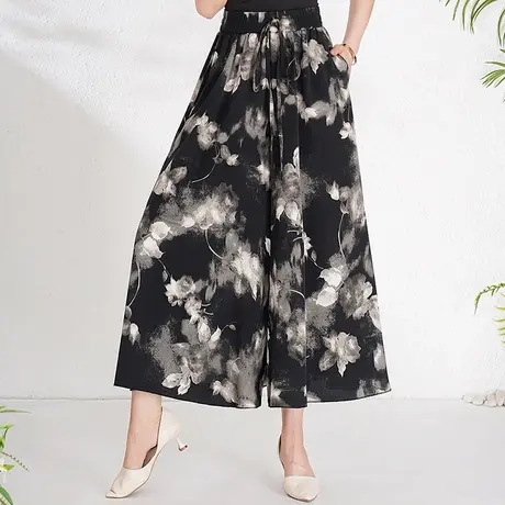 印花裙裤阔腿裤女夏季2025新款松紧高腰宽松九分裤垂感通勤休闲裤商品大图