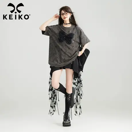 KEIKO 蝴蝶花破洞短袖t恤女夏季废土风复古宽松显瘦圆领半袖上衣图片
