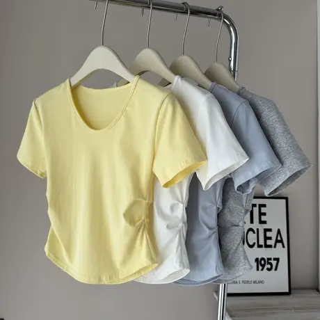 设计感小众褶皱短袖T恤女夏季韩版修身内搭打底衫短款正肩上衣潮图片