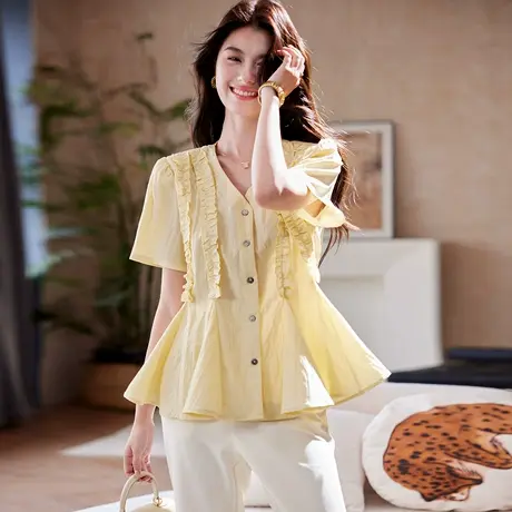 宝诗黎V领系带收腰短袖衬衫2025夏季韩系气质简约百搭棉质衬衣女商品大图