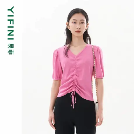 [专柜同款]Yifini/易菲法式V领气质抽绳合体短款针织衫夏季新款图片