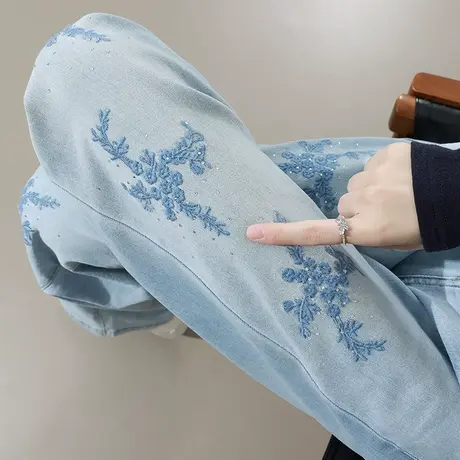 国风刺绣烫钻阔腿牛仔裤女夏季新款高腰宽松显瘦垂感百搭直筒裤子商品大图