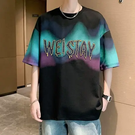 时尚短袖t恤男士2025年夏季薄款潮牌宽松圆领半袖渐变色男生上衣图片