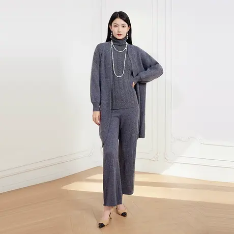 希区瑞普宽松高级感中长款女针织开衫毛衣外套休闲裤软糯三件套装商品大图